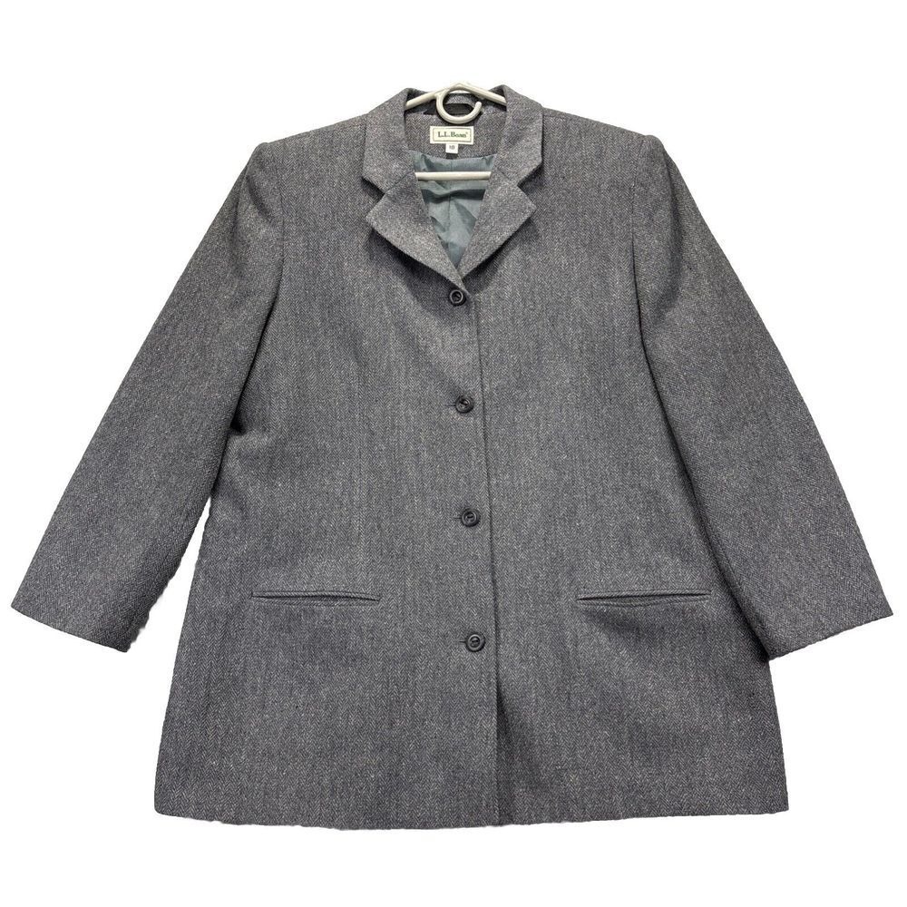 LL Bean Jacket Coat Womens 18 Gray Lambs‎ Wool/Wool Herringbone Made In The USA